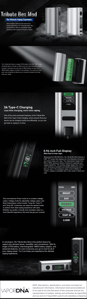 Dovpo Tribute 21700 100W Box Mod Infographic